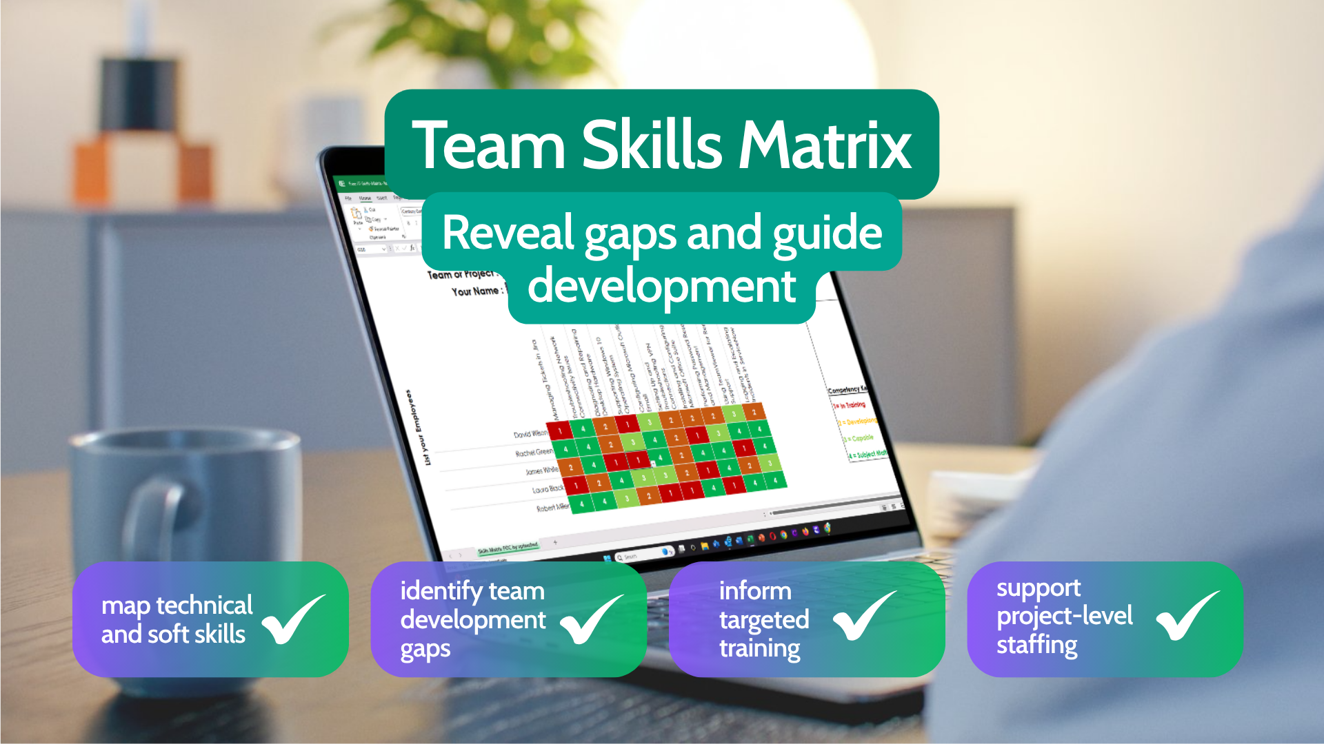 Laptop showing team skills matrix heatmap highlighting capability gaps for IT and HR leaders