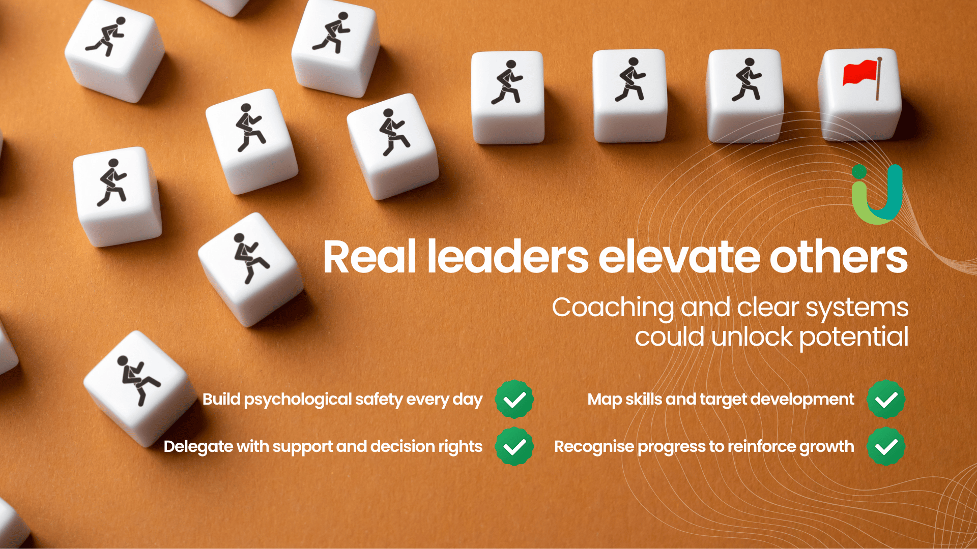 White cubes with running icons and a red flag on a warm background, illustrating leaders elevating team capability