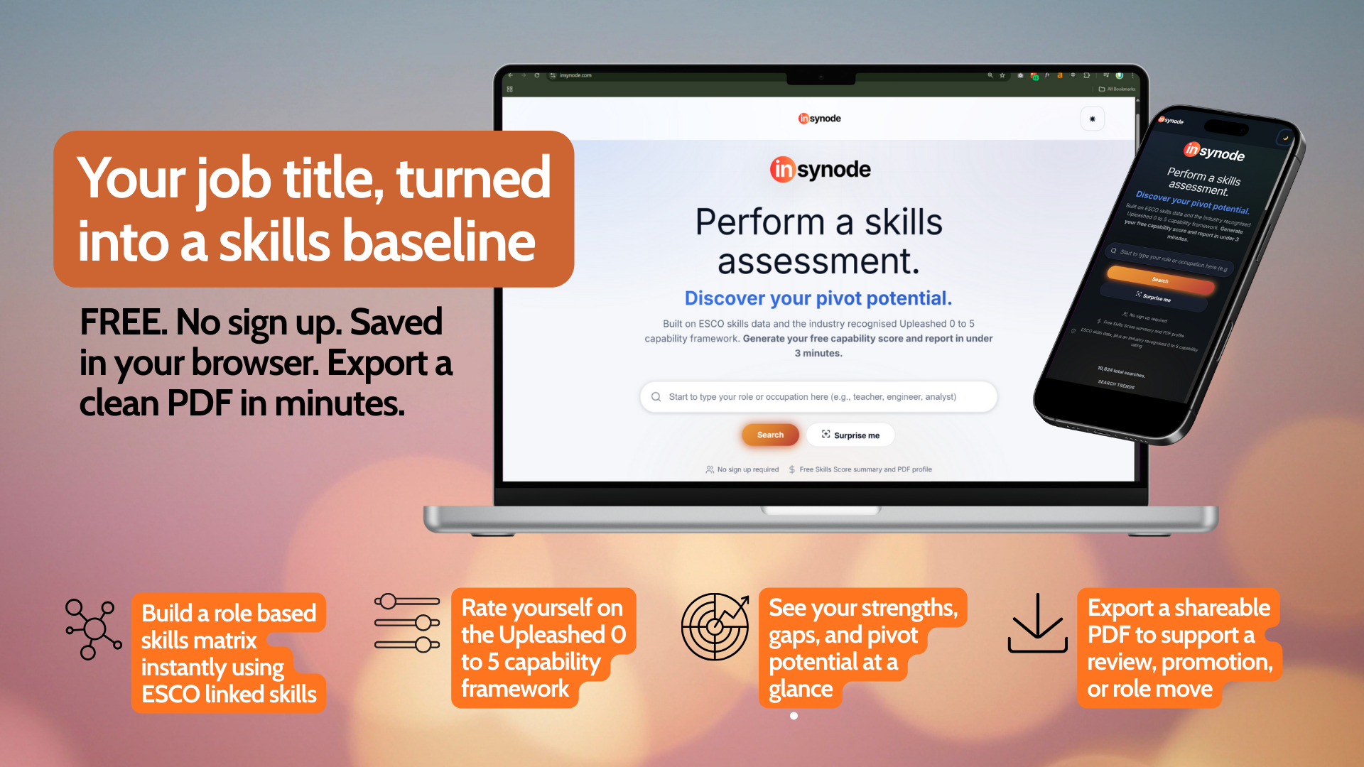 Insynode promotional graphic showing the website on a laptop and phone with the headline “Your job title, turned into a skills baseline” and key benefits including no sign up, browser saved, and PDF export.