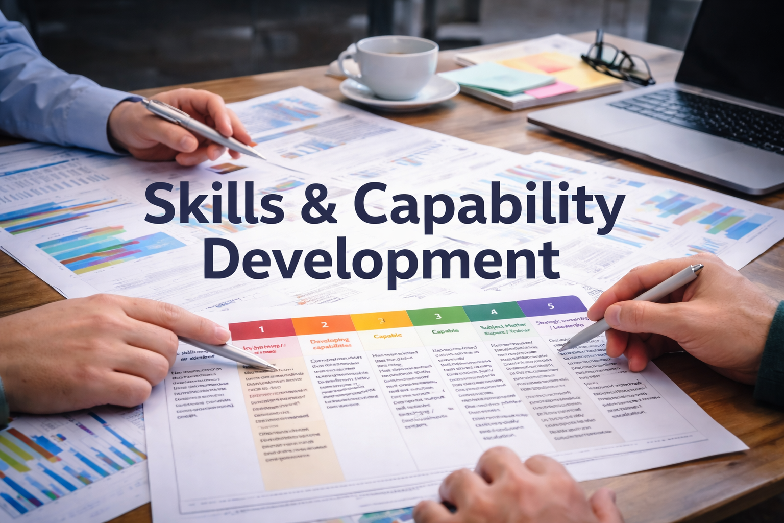 Hands holding pens point to a coloured skills matrix on a desk covered with charts and reports, with a laptop and coffee cup nearby, and the words “Skills & Capability Development” overlaid.